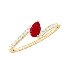 Tilted Pear Shape Ruby and Diamond Bypass Promise Ring