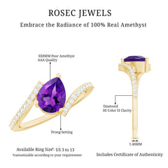 Tilted Pear Shape Solitaire Amethyst Bypass Promise Ring with Diamond