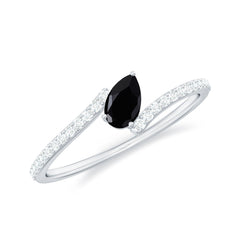 3X5mm Pear Cut Black Onyx Solitaire Promise Ring with Diamond Bypass Shank