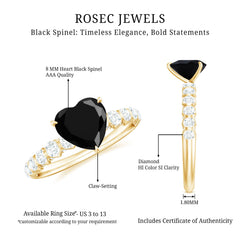 Natural 2 Carat Black Spinel Heart Engagement Ring with Diamond Side Stones