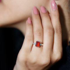 6X8 MM Fire Opal Emerald Cut Engagement Ring with Diamond
