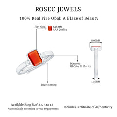 6X8 MM Fire Opal Emerald Cut Engagement Ring with Diamond