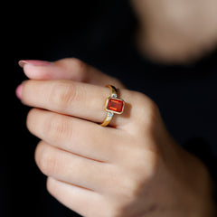 6X8 MM Fire Opal Emerald Cut Engagement Ring with Diamond
