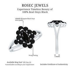 Certified Black Onyx Cluster Cocktail Ring with Split Shank
