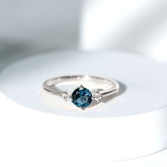 5mm Round London Blue Topaz Minimal Promise Ring with Diamond