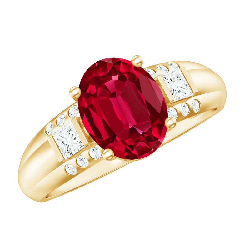 Oval Lab Grown Ruby Statement Engagement Ring with Diamond