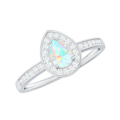 Natural 5X7mm Opalescent Teardrop Engagement Ring with Diamond Halo