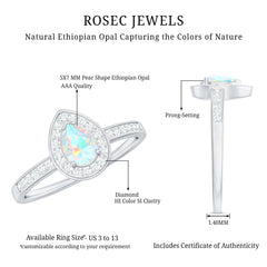 Natural 5X7mm Opalescent Teardrop Engagement Ring with Diamond Halo