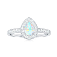 Natural 5X7mm Opalescent Teardrop Engagement Ring with Diamond Halo