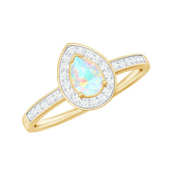Natural 5X7mm Opalescent Teardrop Engagement Ring with Diamond Halo