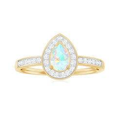 Natural 5X7mm Opalescent Teardrop Engagement Ring with Diamond Halo