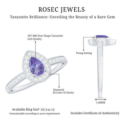 Natural Pear Cut Tanzanite Teardrop Engagement Ring with Diamond Halo