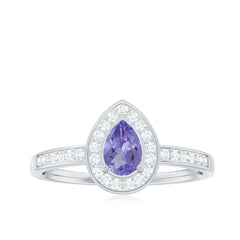 Natural Pear Cut Tanzanite Teardrop Engagement Ring with Diamond Halo