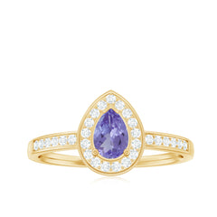 Natural Pear Cut Tanzanite Teardrop Engagement Ring with Diamond Halo