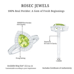 Natural 1 Carat Peridot Teardrop Engagement Ring with Diamond Halo