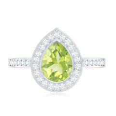 Natural 1 Carat Peridot Teardrop Engagement Ring with Diamond Halo