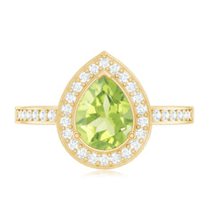 Natural 1 Carat Peridot Teardrop Engagement Ring with Diamond Halo