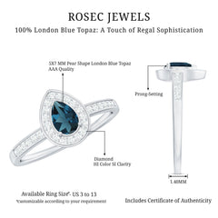 5X7MM Pear Shaped London Blue Topaz Engagement Ring with Real Diamond Halo