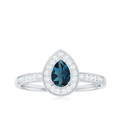 5X7MM Pear Shaped London Blue Topaz Engagement Ring with Real Diamond Halo