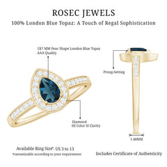 5X7MM Pear Shaped London Blue Topaz Engagement Ring with Real Diamond Halo