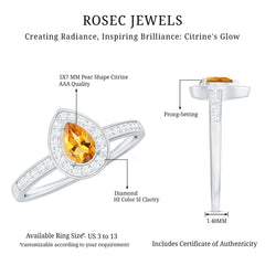 Natural 5X7mm Pear Shape Citrine Engagement Ring with Diamond Halo