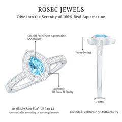 Natural Pear Shape Aquamarine Teardrop Engagement Ring with Diamond Halo