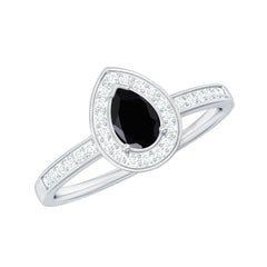 Genuine Black Spinel Teardrop Engagement Ring with Diamond Halo