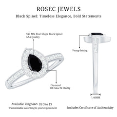 Genuine Black Spinel Teardrop Engagement Ring with Diamond Halo