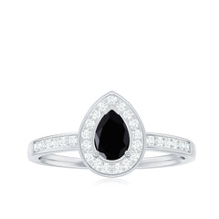 Genuine Black Spinel Teardrop Engagement Ring with Diamond Halo