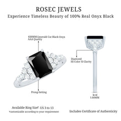 Certified 6X8MM Emerald Cut Black Onyx Engagement Ring with Diamonds