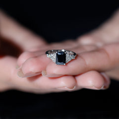 Certified 6X8MM Emerald Cut Black Onyx Engagement Ring with Diamonds