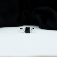 Certified 6X8MM Emerald Cut Black Onyx Engagement Ring with Diamonds