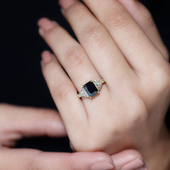 Certified 6X8MM Emerald Cut Black Onyx Engagement Ring with Diamonds
