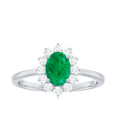 Natural 5X7mm Emerald Oval Engagement Ring with Diamond Halo