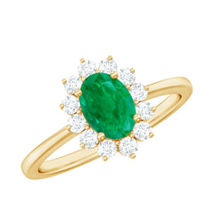 Natural 5X7mm Emerald Oval Engagement Ring with Diamond Halo