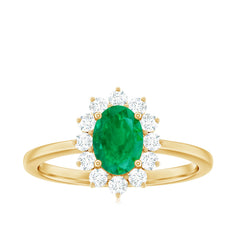 Natural 5X7mm Emerald Oval Engagement Ring with Diamond Halo