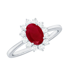 Natural 0.6 Carat Oval Ruby Engagement Ring with Diamond Halo