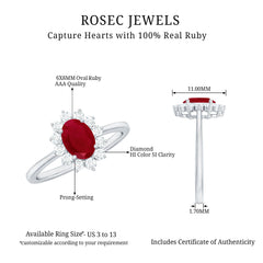 Natural 0.6 Carat Oval Ruby Engagement Ring with Diamond Halo