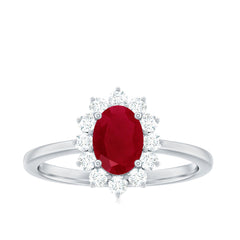 Natural 0.6 Carat Oval Ruby Engagement Ring with Diamond Halo