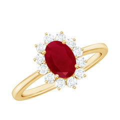 Natural 0.6 Carat Oval Ruby Engagement Ring with Diamond Halo