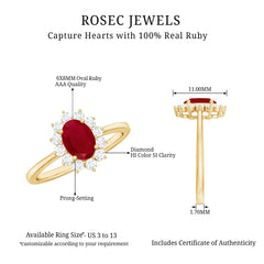 Natural 0.6 Carat Oval Ruby Engagement Ring with Diamond Halo