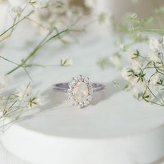 Certified Real Ethiopian Opal Oval Engagement Ring with Diamond Halo