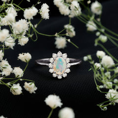 Certified Real Ethiopian Opal Oval Engagement Ring with Diamond Halo