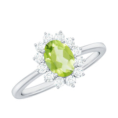 Real 1 Carat Peridot Oval Engagement Ring with Diamond Halo