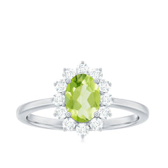 Real 1 Carat Peridot Oval Engagement Ring with Diamond Halo