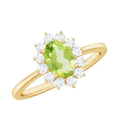 Real 1 Carat Peridot Oval Engagement Ring with Diamond Halo