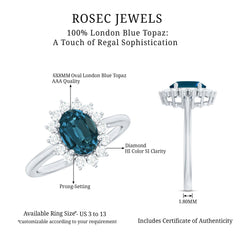 Real 6X8mm London Blue Topaz Princess Diana Inspired Engagement Ring with Diamond