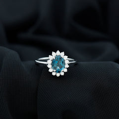 Real 6X8mm London Blue Topaz Princess Diana Inspired Engagement Ring with Diamond
