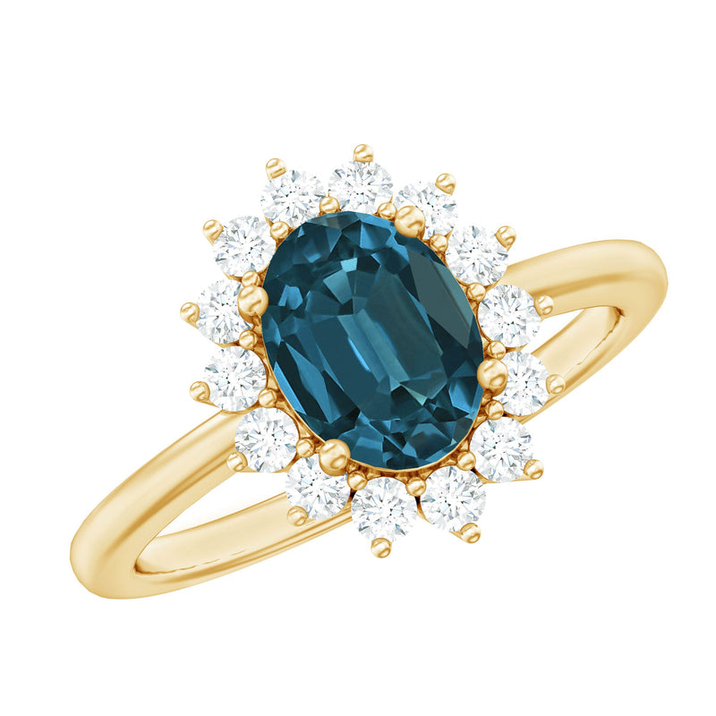 Real 6X8mm London Blue Topaz Princess Diana Inspired Engagement Ring with Diamond