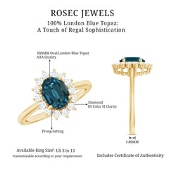 Real 6X8mm London Blue Topaz Princess Diana Inspired Engagement Ring with Diamond